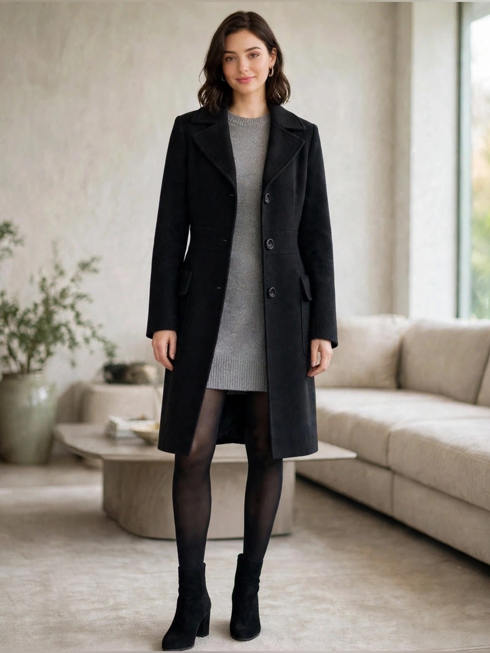 MNG Mango Black Single-Breasted Trench Pea Coat Tailored Long Jacket Sz 6